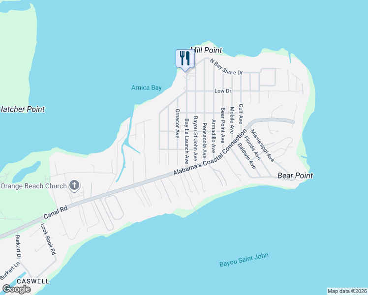 map of restaurants, bars, coffee shops, grocery stores, and more near 5373 Bay La Launch Avenue in Orange Beach
