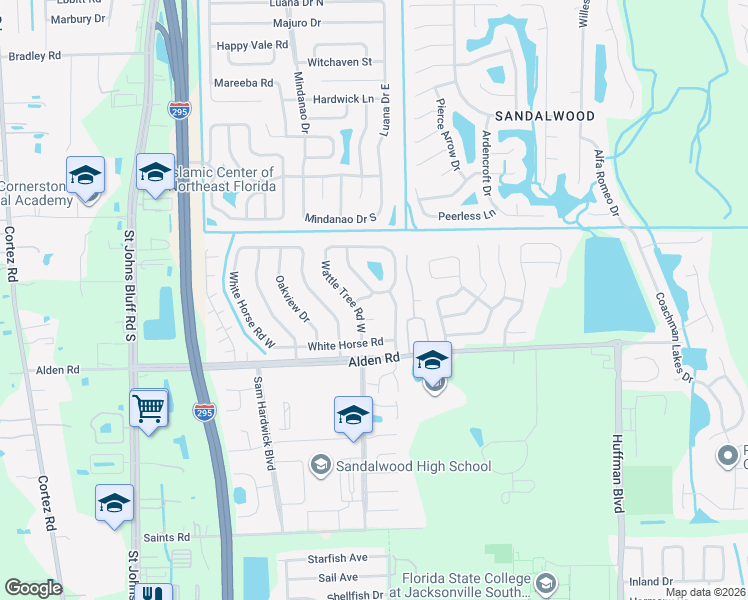 map of restaurants, bars, coffee shops, grocery stores, and more near 2486 Spring Vale Road in Jacksonville