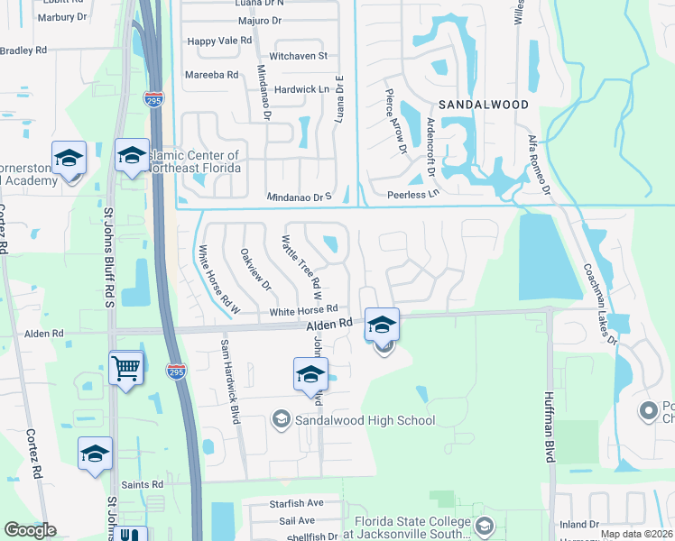 map of restaurants, bars, coffee shops, grocery stores, and more near 2533 White Horse Road East in Jacksonville
