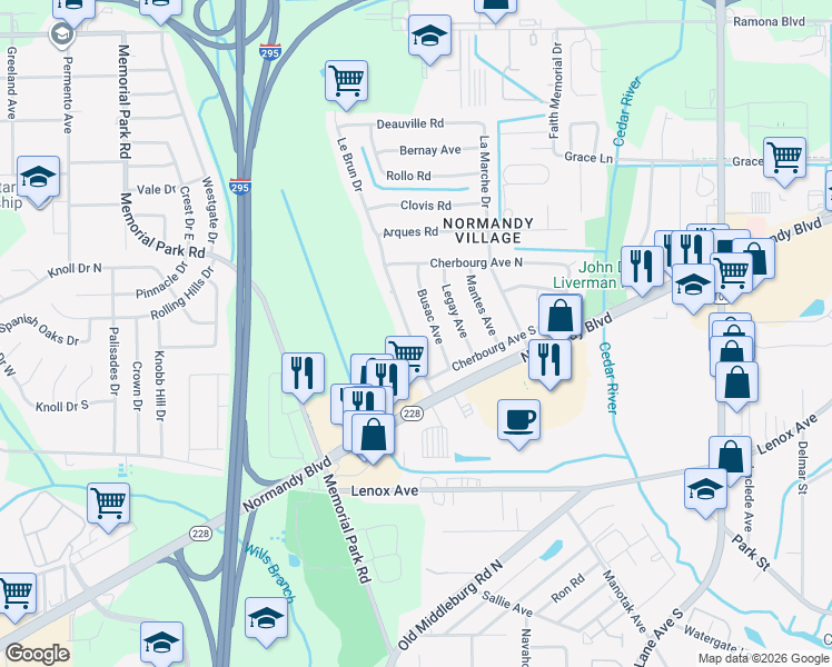 map of restaurants, bars, coffee shops, grocery stores, and more near 1155 Le Brun Drive in Jacksonville
