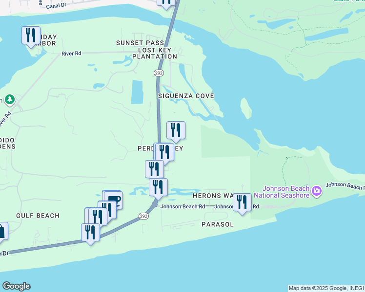 map of restaurants, bars, coffee shops, grocery stores, and more near 13550 Perdido Key Drive in Pensacola