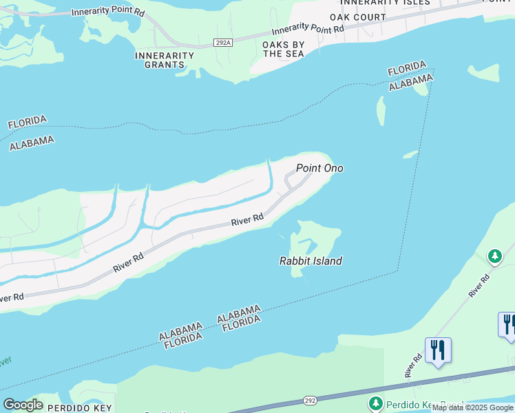 map of restaurants, bars, coffee shops, grocery stores, and more near 33202 River Road in Orange Beach