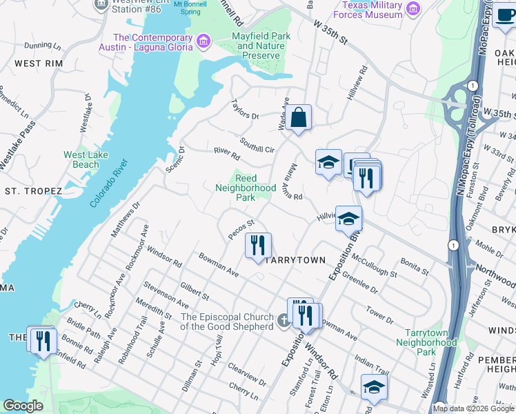 map of restaurants, bars, coffee shops, grocery stores, and more near 3301 Greenlee Drive in Austin