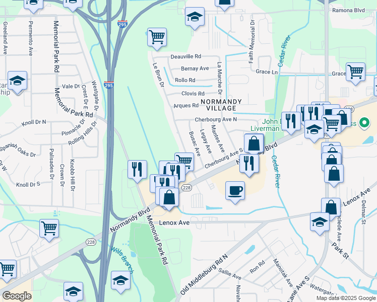 map of restaurants, bars, coffee shops, grocery stores, and more near 1155 Le Brun Drive in Jacksonville