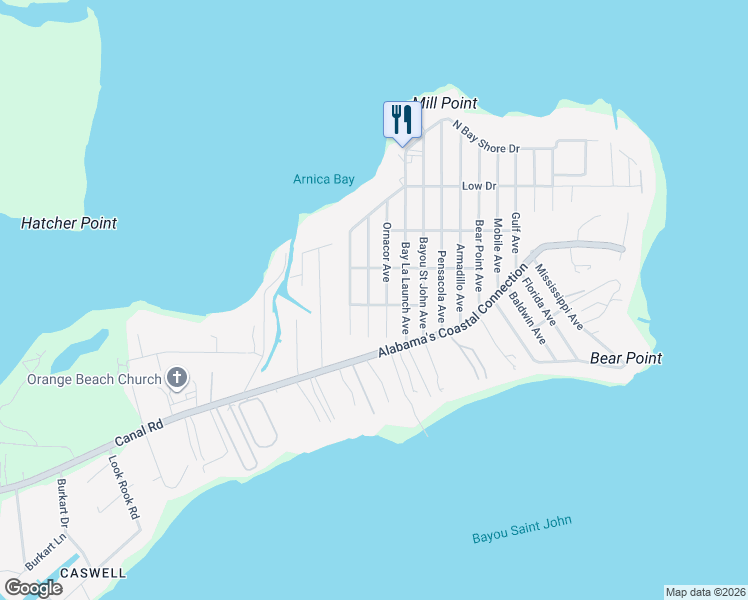 map of restaurants, bars, coffee shops, grocery stores, and more near 5316 Ornacor Avenue in Orange Beach