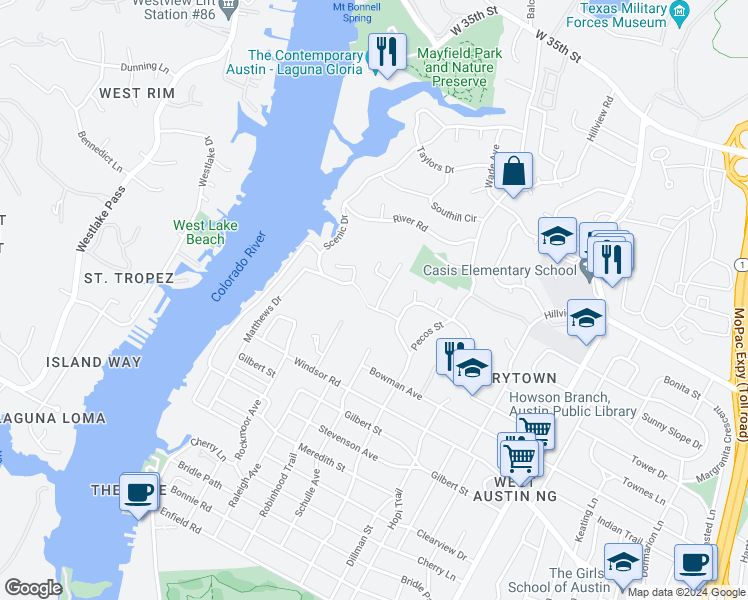 map of restaurants, bars, coffee shops, grocery stores, and more near 3608 Dali Lane in Austin