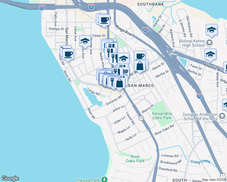 map of restaurants, bars, coffee shops, grocery stores, and more near 2006 San Marco Boulevard in Jacksonville