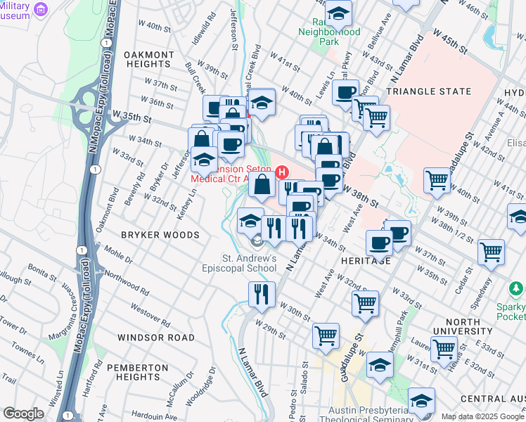 map of restaurants, bars, coffee shops, grocery stores, and more near 1259 West 34th Street in Austin