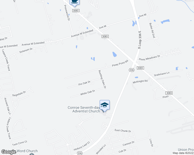 map of restaurants, bars, coffee shops, grocery stores, and more near 3745 Pin Oak Drive in Conroe