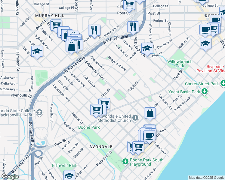map of restaurants, bars, coffee shops, grocery stores, and more near 1410 Edgewood Avenue South in Jacksonville