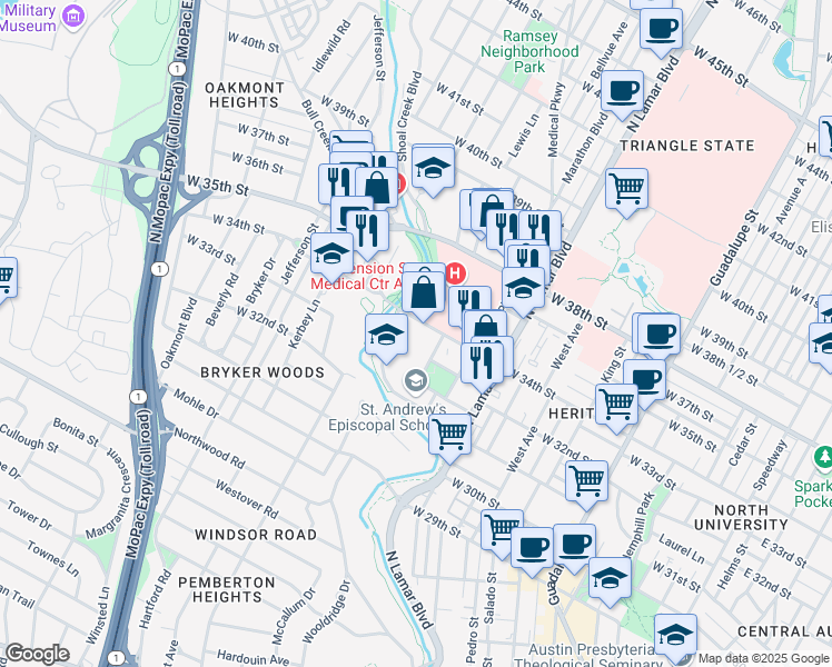 map of restaurants, bars, coffee shops, grocery stores, and more near 1259 West 34th Street in Austin