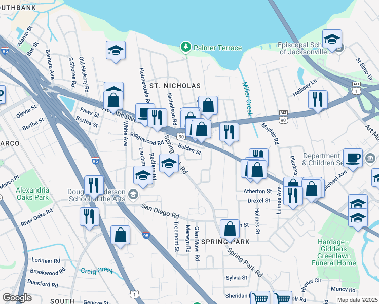 map of restaurants, bars, coffee shops, grocery stores, and more near 3116 Belden Street in Jacksonville