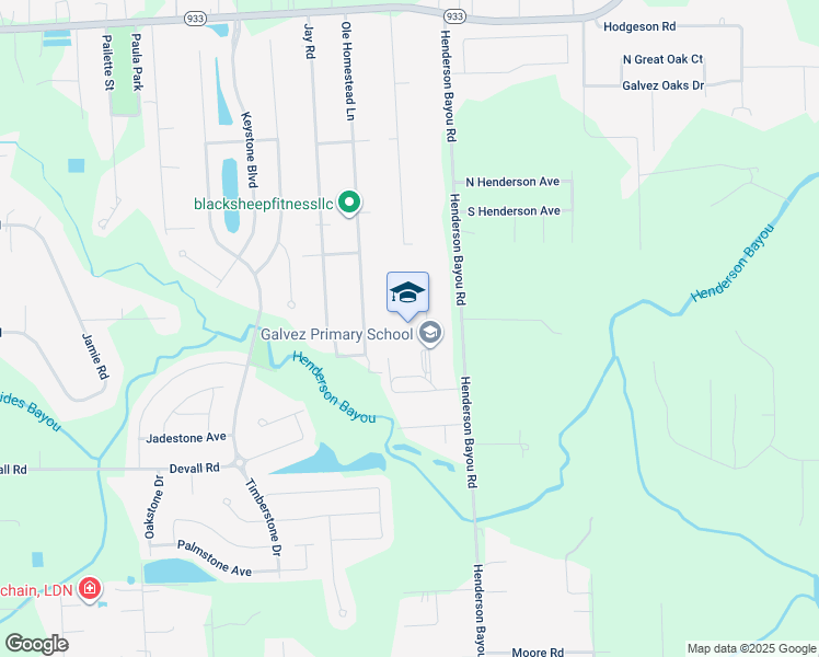 map of restaurants, bars, coffee shops, grocery stores, and more near 16093 Henderson Bayou Road in Prairieville