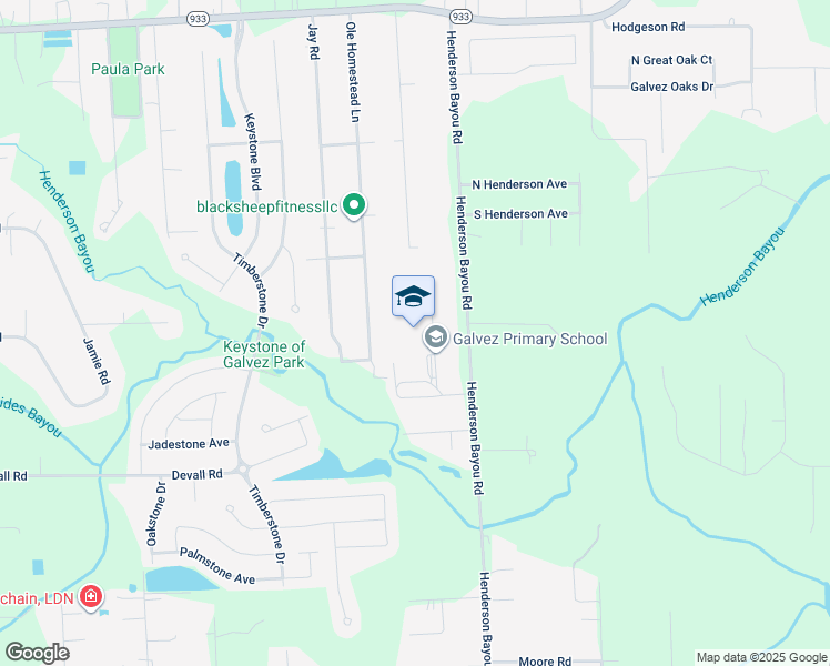 map of restaurants, bars, coffee shops, grocery stores, and more near 16093 Henderson Bayou Road in Prairieville