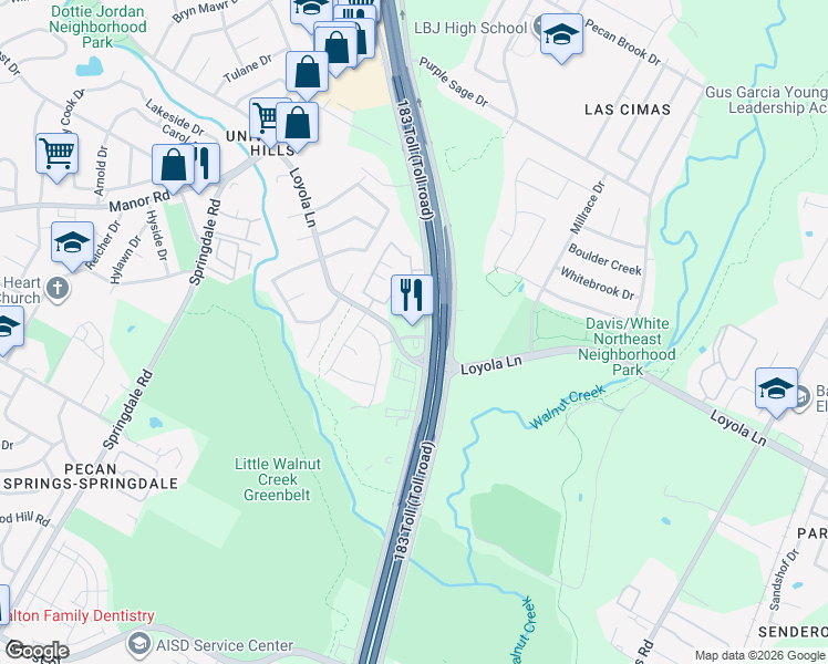 map of restaurants, bars, coffee shops, grocery stores, and more near 6520 Ed Bluestein Boulevard in Austin