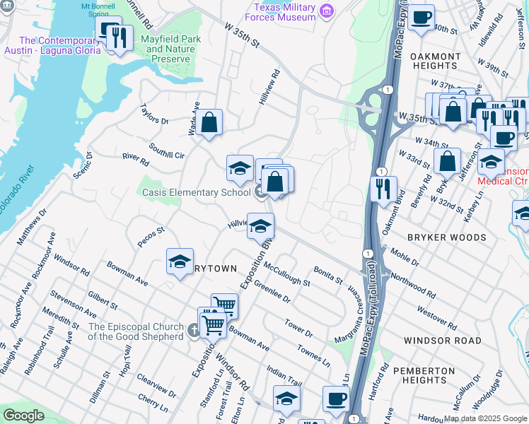map of restaurants, bars, coffee shops, grocery stores, and more near 2710 Exposition Boulevard in Austin