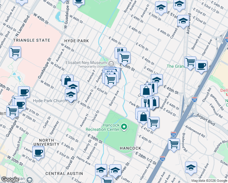 map of restaurants, bars, coffee shops, grocery stores, and more near 4224 1/2 Duval Street in Austin