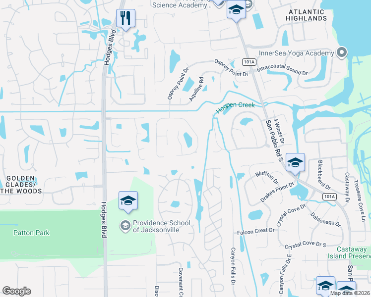 map of restaurants, bars, coffee shops, grocery stores, and more near 2340 Foxhaven Drive South in Jacksonville