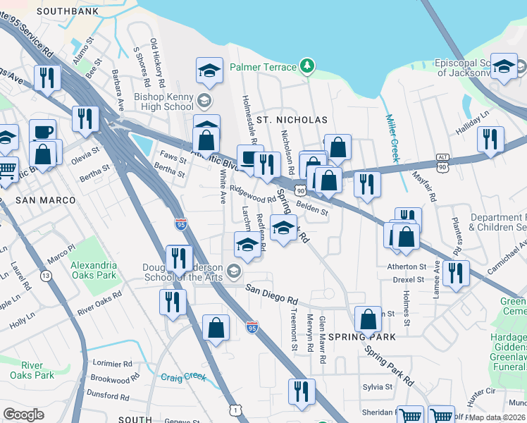 map of restaurants, bars, coffee shops, grocery stores, and more near 2111 Larchmont Road in Jacksonville