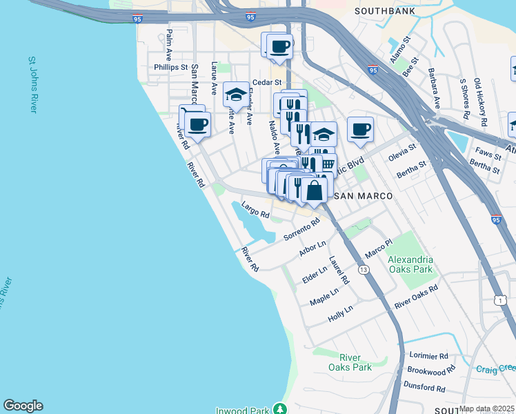 map of restaurants, bars, coffee shops, grocery stores, and more near 1898 San Marco Boulevard in Jacksonville