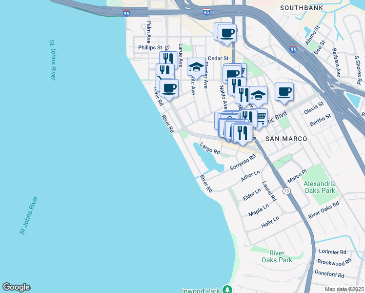 map of restaurants, bars, coffee shops, grocery stores, and more near 1840 San Marco Boulevard in Jacksonville