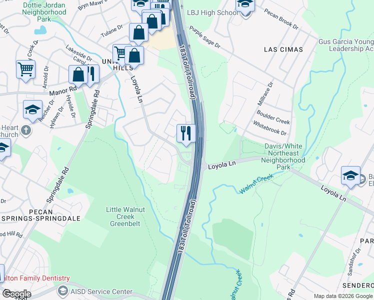 map of restaurants, bars, coffee shops, grocery stores, and more near 6520 Ed Bluestein Boulevard in Austin