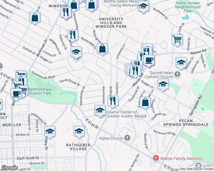 map of restaurants, bars, coffee shops, grocery stores, and more near 5400 Wellington Drive in Austin