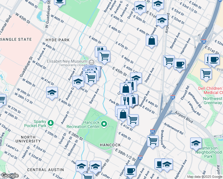 map of restaurants, bars, coffee shops, grocery stores, and more near 4310 Eilers Avenue in Austin