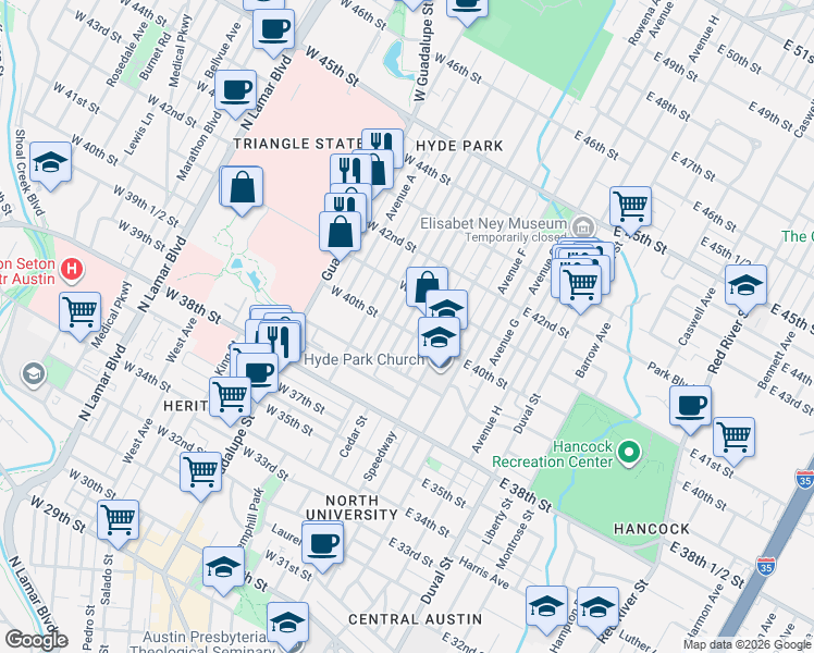 map of restaurants, bars, coffee shops, grocery stores, and more near 4012 Avenue D in Austin