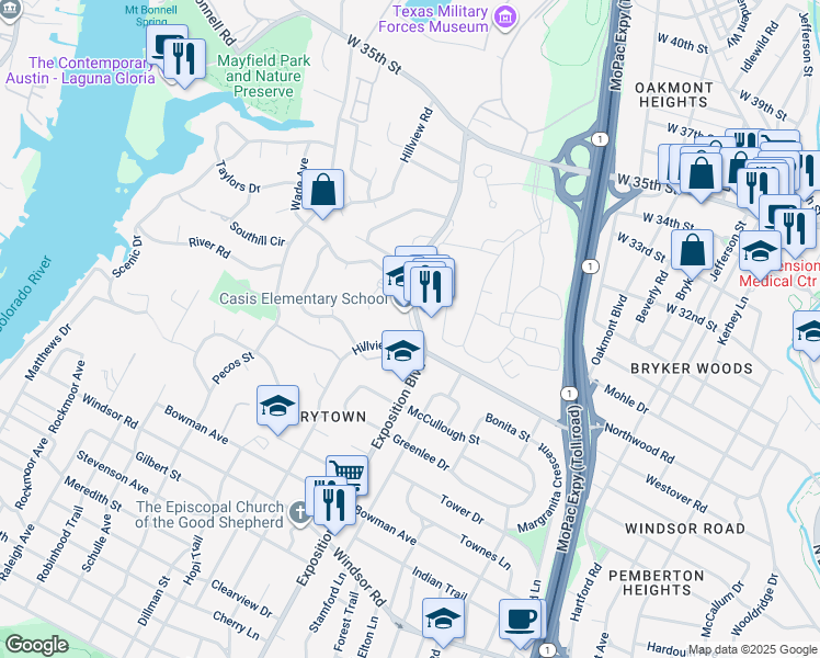 map of restaurants, bars, coffee shops, grocery stores, and more near 2710 Exposition Boulevard in Austin