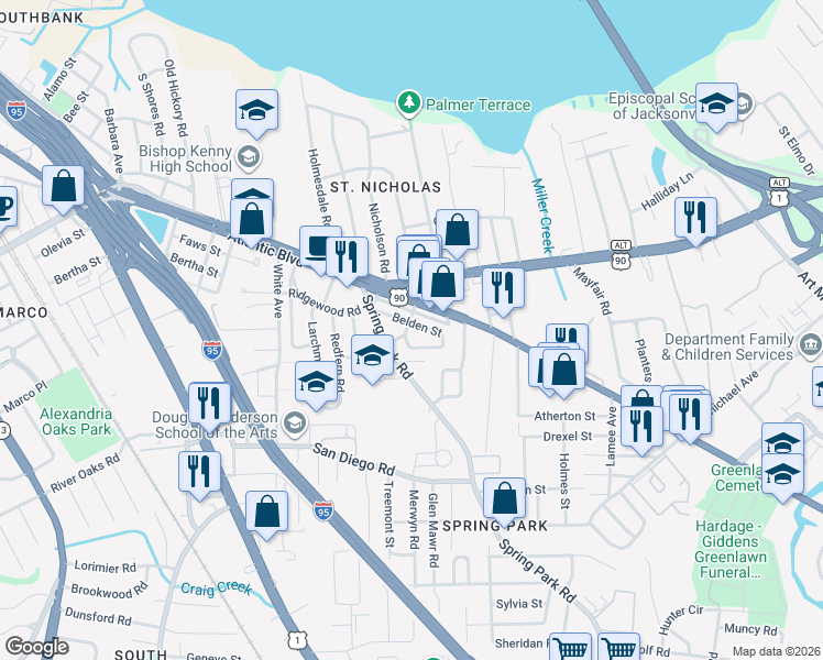 map of restaurants, bars, coffee shops, grocery stores, and more near 3040 Walton Street in Jacksonville