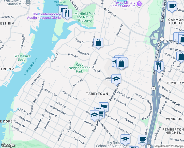 map of restaurants, bars, coffee shops, grocery stores, and more near 3228 Tarryhollow Drive in Austin