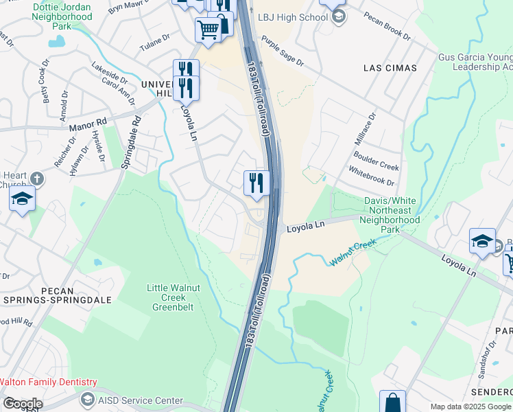 map of restaurants, bars, coffee shops, grocery stores, and more near 6540 Ed Bluestein Boulevard in Austin