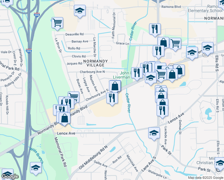 map of restaurants, bars, coffee shops, grocery stores, and more near 6724 South Cherbourg Avenue in Jacksonville