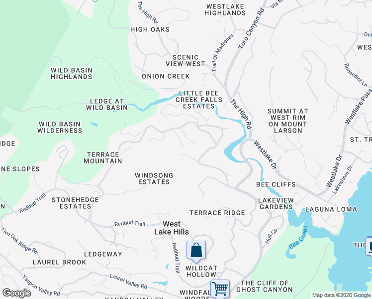 map of restaurants, bars, coffee shops, grocery stores, and more near 800 Ox Eye Trail in West Lake Hills