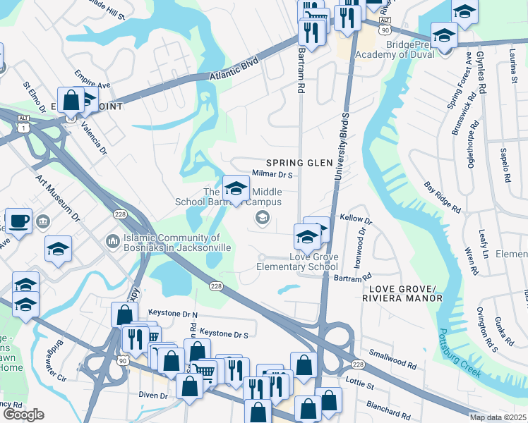 map of restaurants, bars, coffee shops, grocery stores, and more near 2264 Bartram Road in Jacksonville