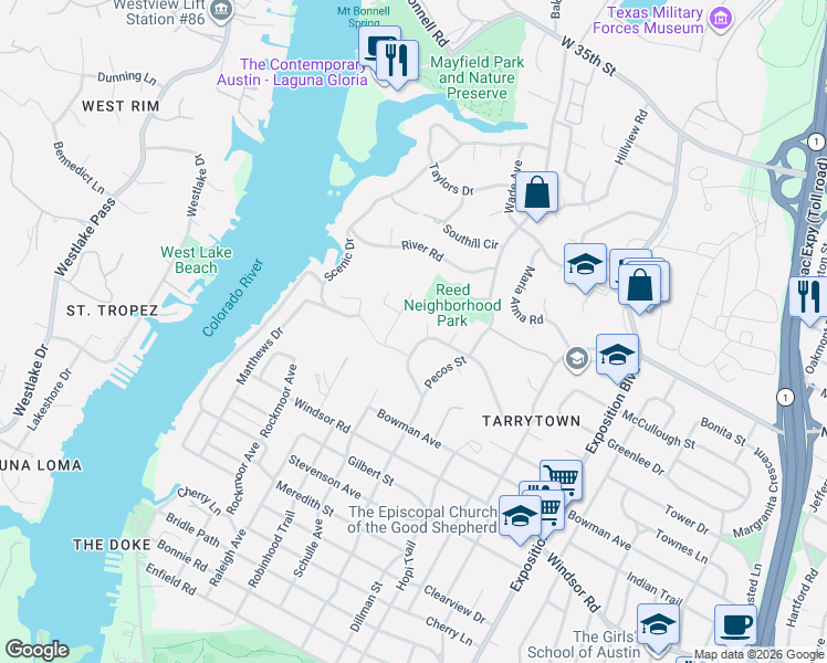 map of restaurants, bars, coffee shops, grocery stores, and more near 2528 Tanglewood Trail in Austin