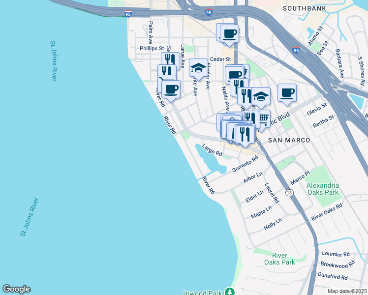 map of restaurants, bars, coffee shops, grocery stores, and more near 1840 San Marco Boulevard in Jacksonville