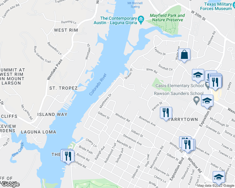 map of restaurants, bars, coffee shops, grocery stores, and more near 2408 Sweetbrush Drive in Austin