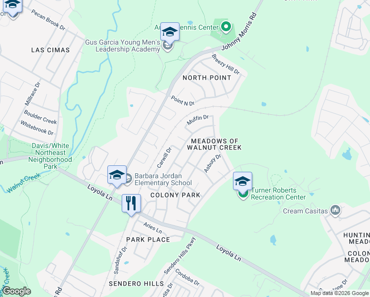 map of restaurants, bars, coffee shops, grocery stores, and more near 6705 Colony Park Cove in Austin