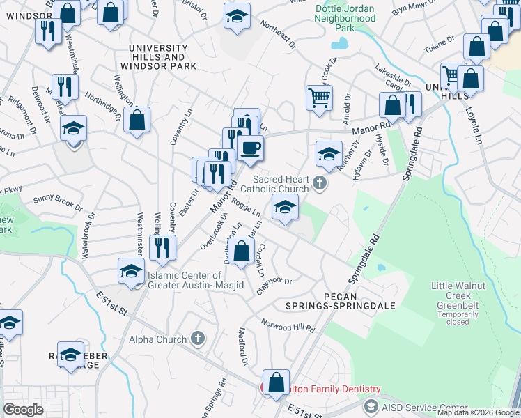 map of restaurants, bars, coffee shops, grocery stores, and more near 5802a Gloucester Lane in Austin