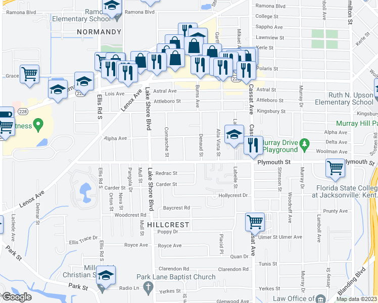 map of restaurants, bars, coffee shops, grocery stores, and more near 1152 Mohawk Street in Jacksonville