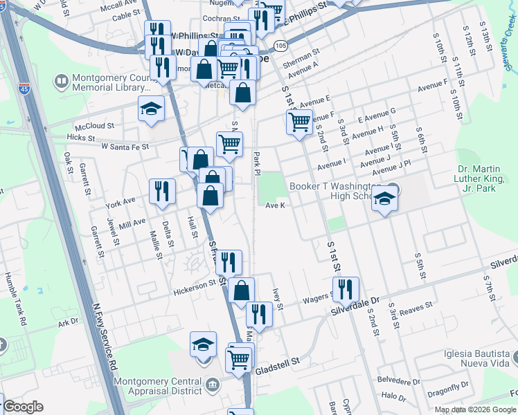map of restaurants, bars, coffee shops, grocery stores, and more near 100 Avenue K in Conroe