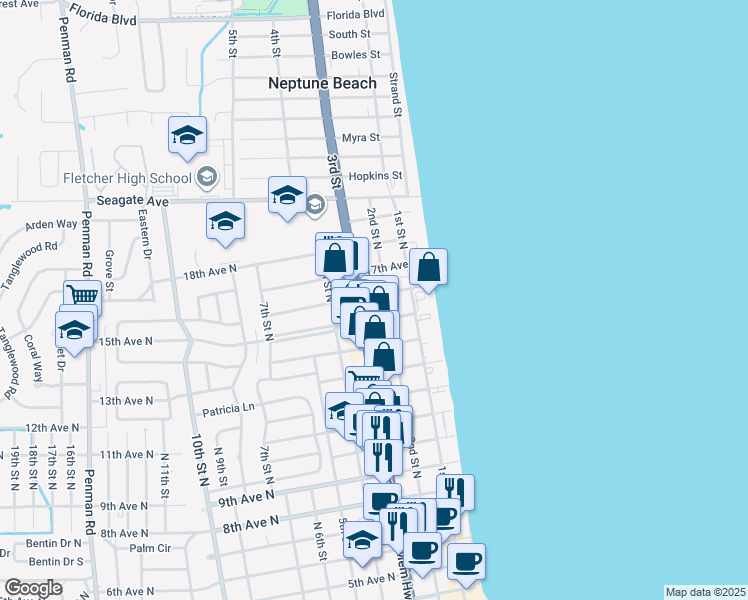map of restaurants, bars, coffee shops, grocery stores, and more near 218 17th Avenue North in Jacksonville Beach