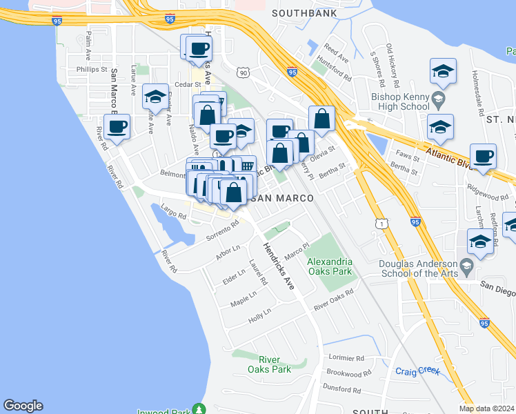 map of restaurants, bars, coffee shops, grocery stores, and more near 1570 Alford Place in Jacksonville