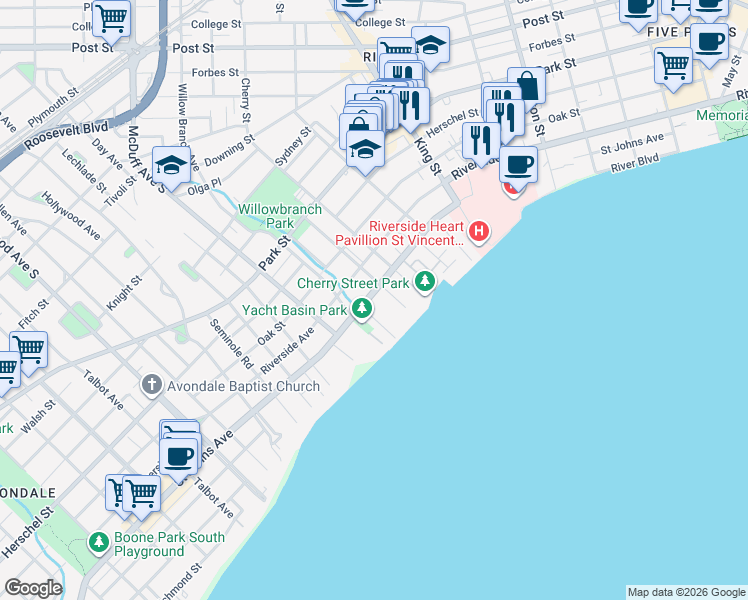 map of restaurants, bars, coffee shops, grocery stores, and more near 2842 Saint Johns Avenue in Jacksonville
