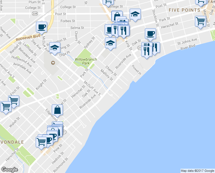 map of restaurants, bars, coffee shops, grocery stores, and more near 2918 Riverside Avenue in Jacksonville