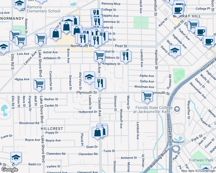 map of restaurants, bars, coffee shops, grocery stores, and more near 4818 Alpha Avenue in Jacksonville