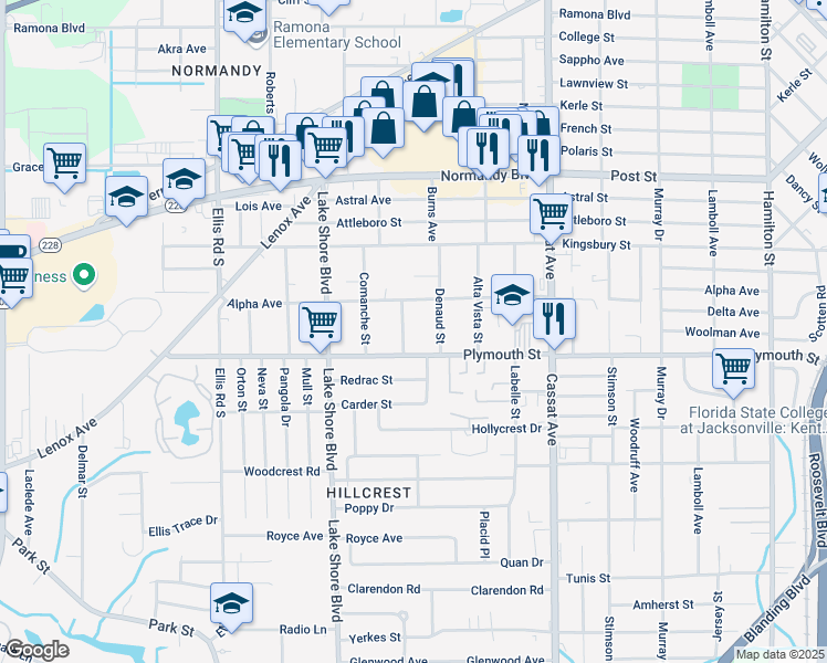 map of restaurants, bars, coffee shops, grocery stores, and more near 1152 Mohawk Street in Jacksonville