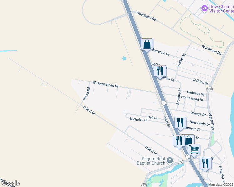 map of restaurants, bars, coffee shops, grocery stores, and more near 58315 West Homestead Drive in Plaquemine